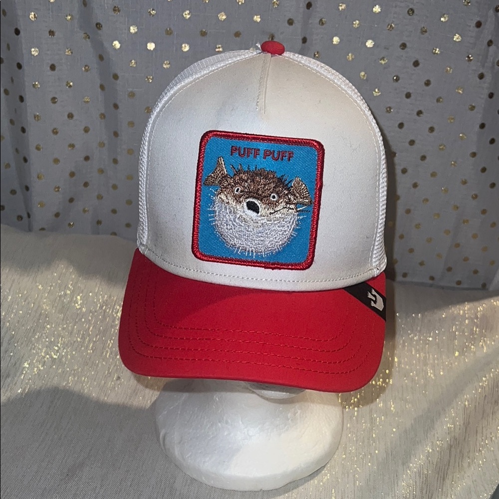 Red and White Trucker Hat with Puff Puff Patch
